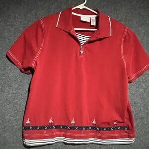 VTG Alfred Dunner XL Red White Blue Sailboat Short Sleeve Coastal Nautical Shirt